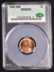 1909 VDB Lincoln Wheat Penny Cent - CAC MS66 RD