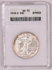 1918-D Walking Liberty Silver Half Dollar - ANACS AU55