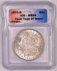 1921-D Morgan Silver Dollar - ICG MS64 - Final Year Of Issue