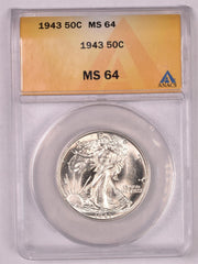 1943 Walking Liberty Silver Half Dollar - ANACS MS64