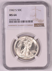 1942-S Walking Liberty Silver Half Dollar - NGC MS64