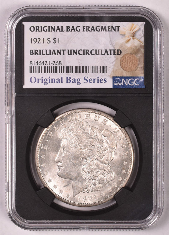 1921-S Morgan Dollar NGC Brilliant UNC - Relic Bag Label Series Stock Photos