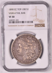1890-CC Morgan Silver Dollar - NGC VF30 - Tail Bar