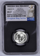 1945-S Jefferson Nickel - NGC MS67 - Relic Bag Label Stock Photos