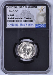 1944-S Jefferson Nickel - NGC MS67 - Relic Bag Label Stock Photos