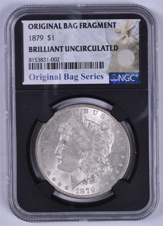 1879 Morgan Silver Dollar - NGC Brilliant Unc - Relic Bag Label Stock Photos