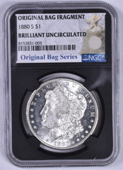 1880-S Morgan Silver Dollar - NGC Brilliant Unc -Relic Bag Label Stock Photos