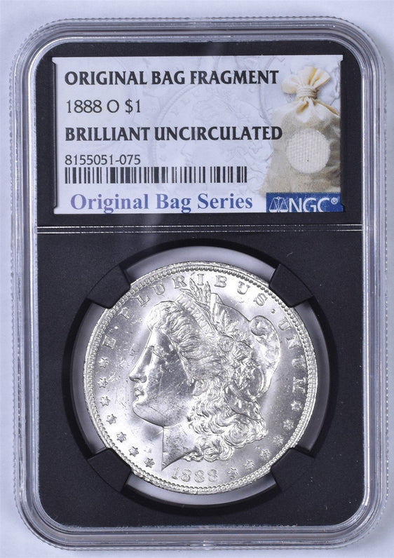 1888-O Morgan Silver Dollar - NGC Brilliant UNC - Relic Bag Label Stock Photos