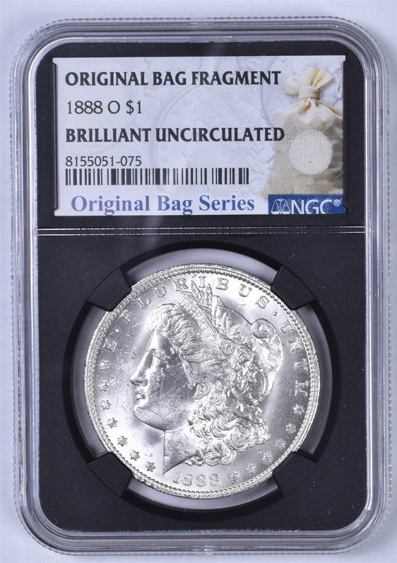 1888-O Morgan Silver Dollar - NGC Brilliant UNC - Relic Bag Label Stock Photos