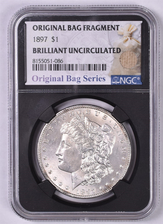 1897 Morgan Silver Dollar - NGC Brilliant UNC - Relic Bag Label Stock Photos