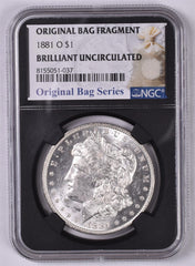 1881-O Morgan Silver Dollar - NGC Brilliant UNC - Relic Bag Label Stock Photos