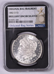 1882-O Morgan Silver Dollar - NGC Brilliant UNC - Relic Bag Label Stock Photos
