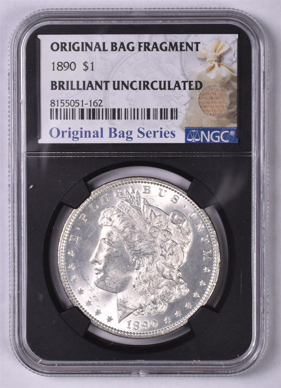 1890 Morgan Silver Dollar - NGC Brilliant UNC - Relic Bag Label Stock Photos