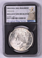 1923-S Peace Silver Dollar - NGC Brilliant UNC - Relic Bag Label Stock Photos