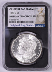 1879-S Morgan Silver Dollar - NGC Brilliant UNC - Relic Bag Label Stock Photos