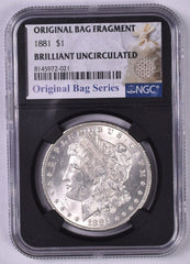 1881 Morgan Silver Dollar - NGC Brilliant UNC - Relic Bag Label Stock Photos